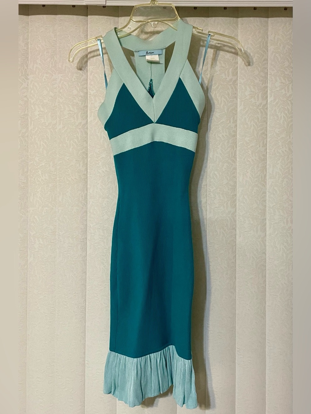 Marciano Aqua Two-Tone Teal Midi Dress with Contrast Trim, Racerback and Ruffle